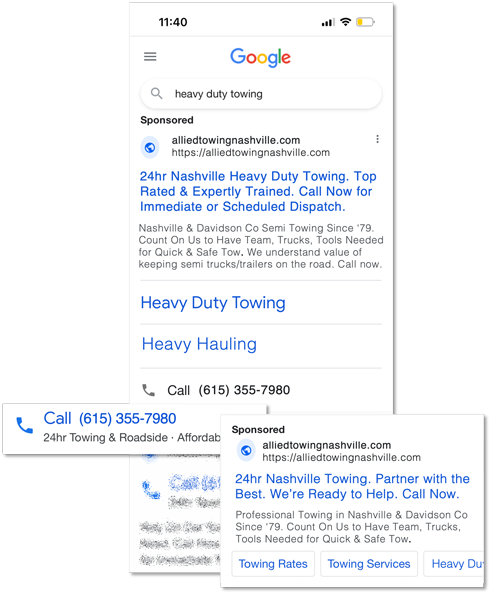 Screenshots of a towing company advertising on Google Ads.