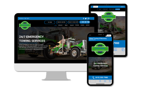 Responsive towing website displaying on a desktop, tablet, and mobile phone.